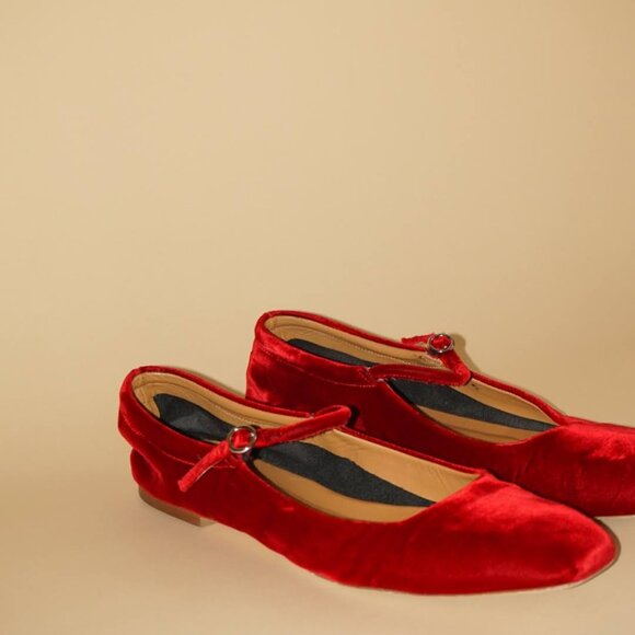 Aeyde Uma Red Velvet Mary Jane Flats - Size 38 - Picture 3 of 8